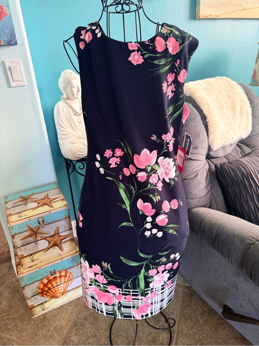 Vince Camuto Black Midi Dress with Pink Floral Print